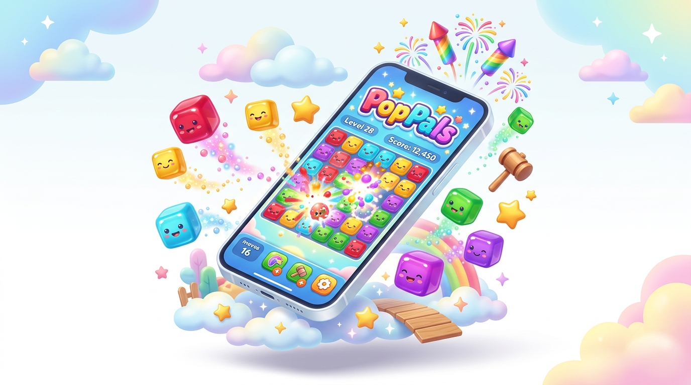 PopPals 3D mobile game showcase — joyful smiling cubes floating in Bubble Valley